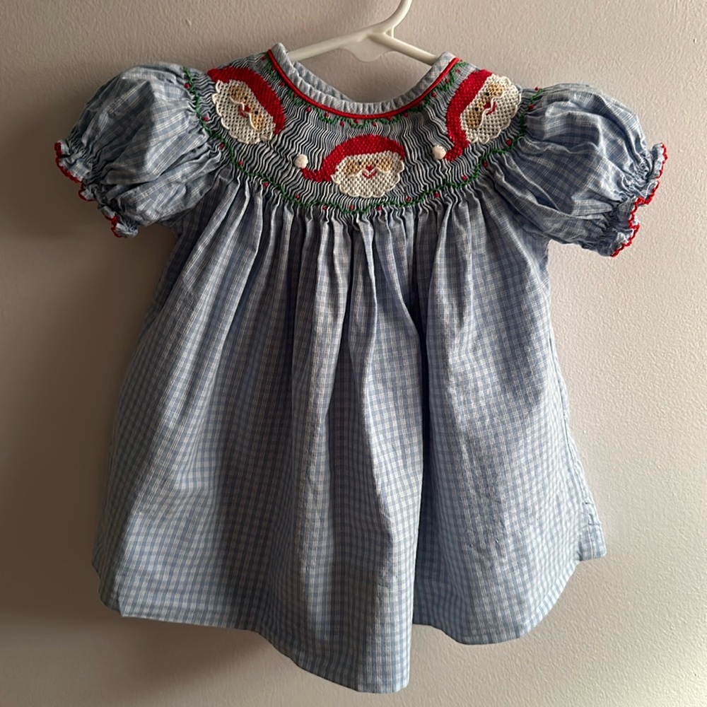 Smocked Santa Bishop Dress Christmas Holiday Smock 6m
